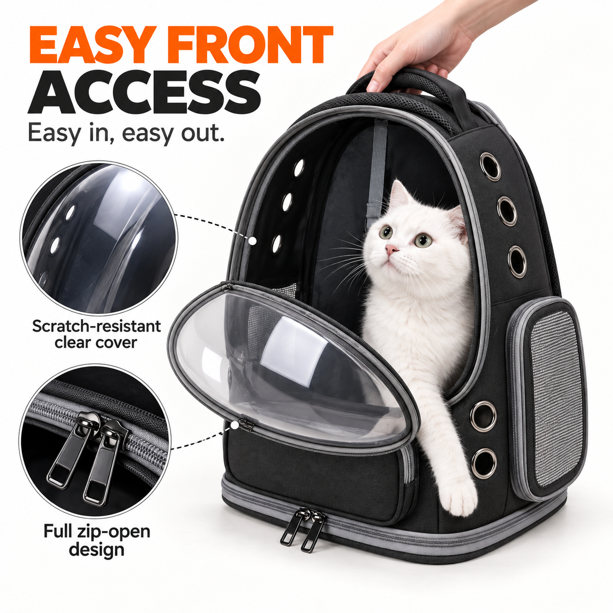 Easy front access — scratch-resistant clear cover and full zip-open design