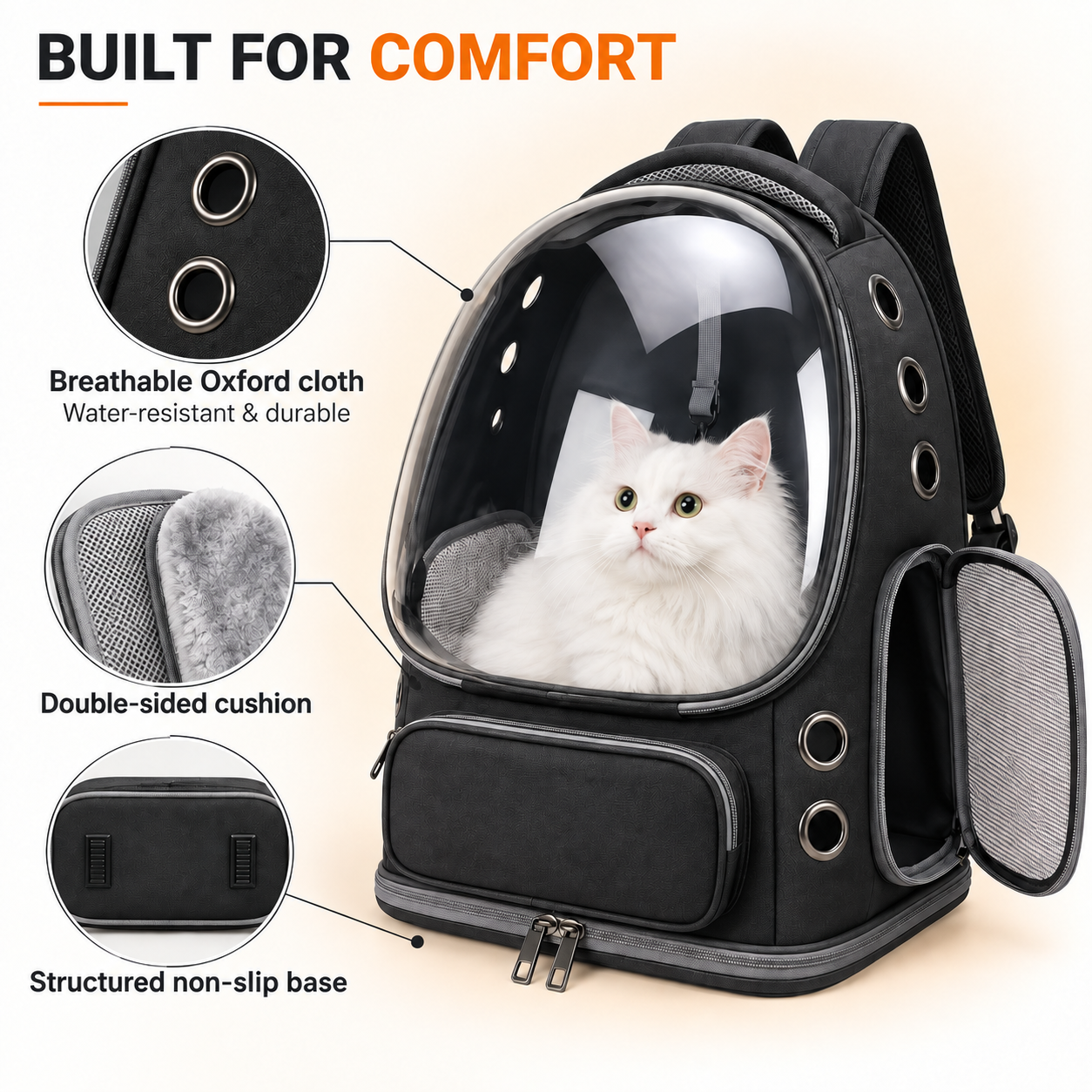 Built for comfort — breathable Oxford cloth, double-sided cushion, structured non-slip base