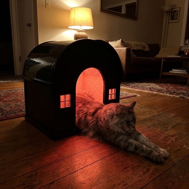 A cat resting in the glowing iMeow Cat House at home