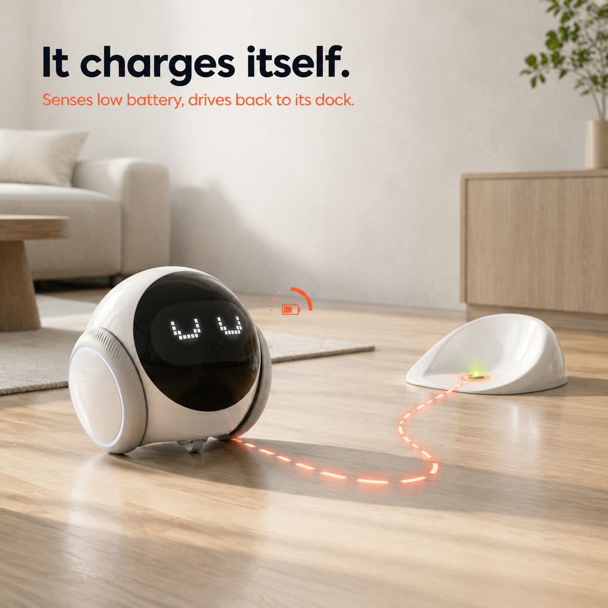 Senses low battery and drives back to its dock to recharge