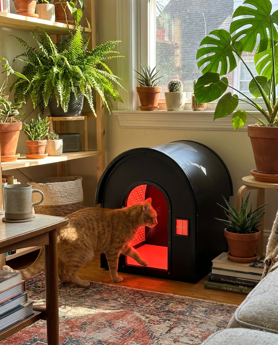 A real customer's cat with their iMeow product at home