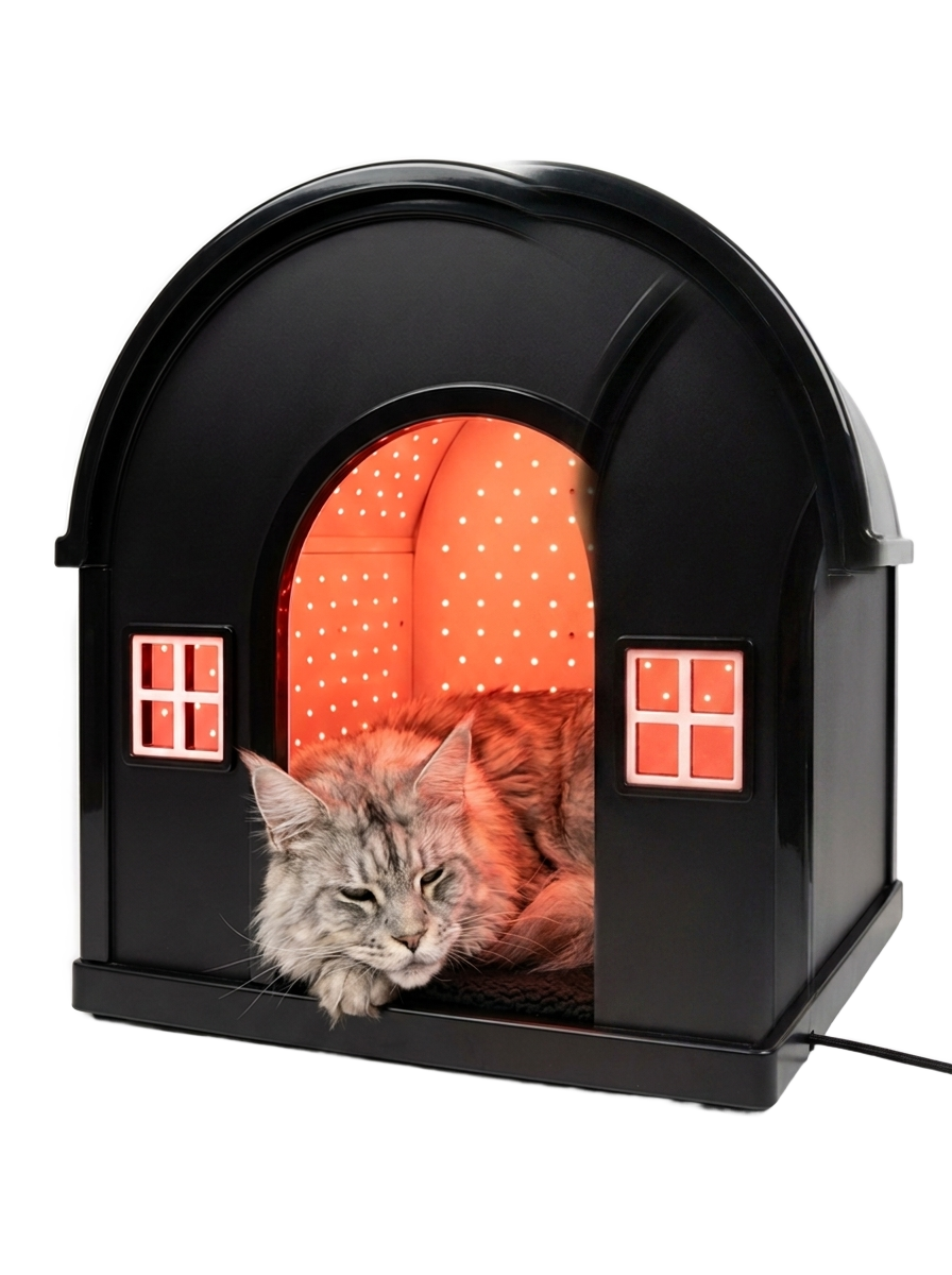 A senior maine coon resting in the doorway of the glowing iMeow Cat House