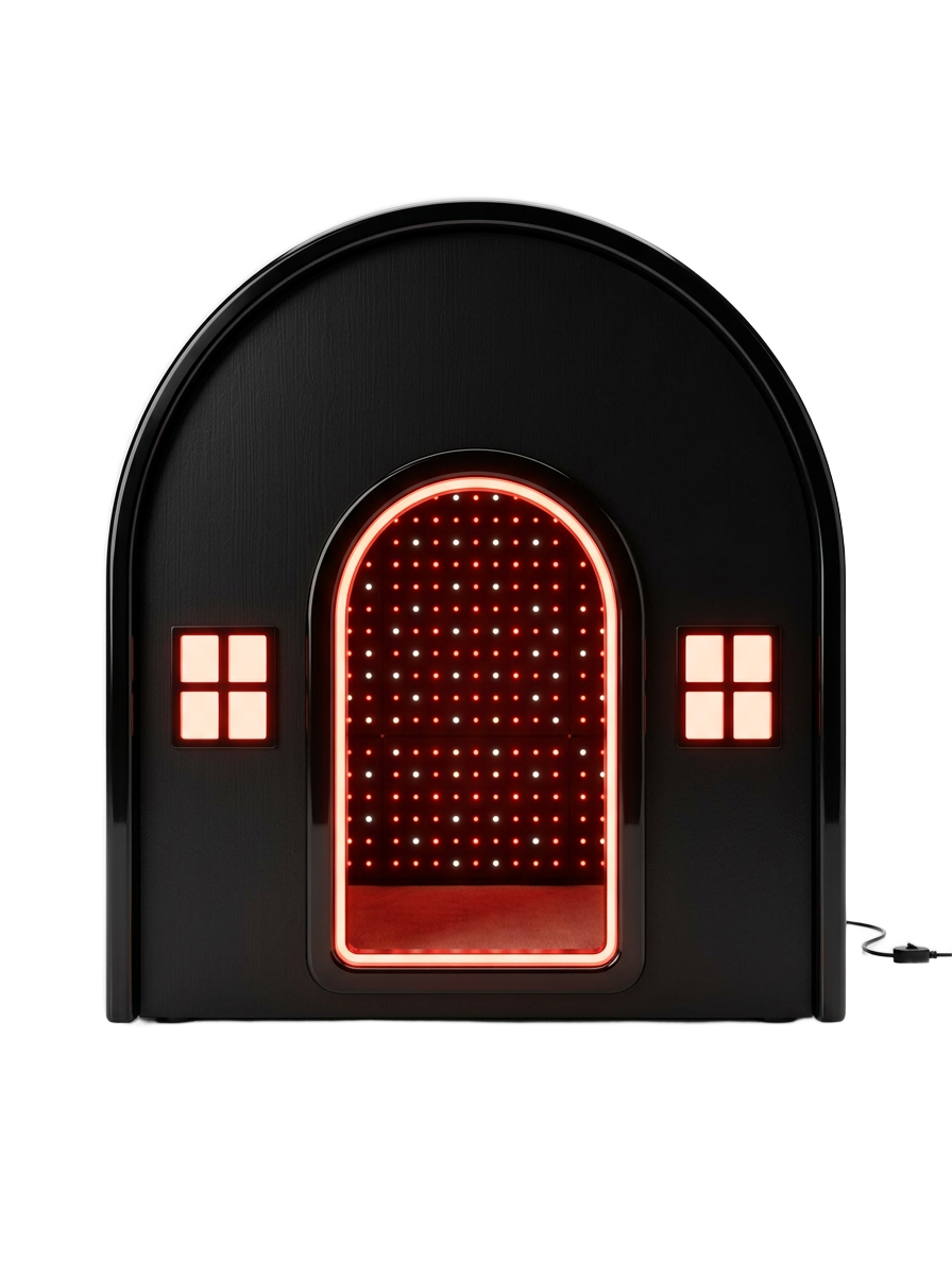 The iMeow Cat House seen head-on, its arched doorway lit with red light