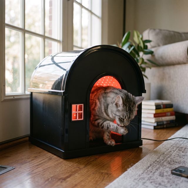A cat resting in the glowing iMeow Cat House at home