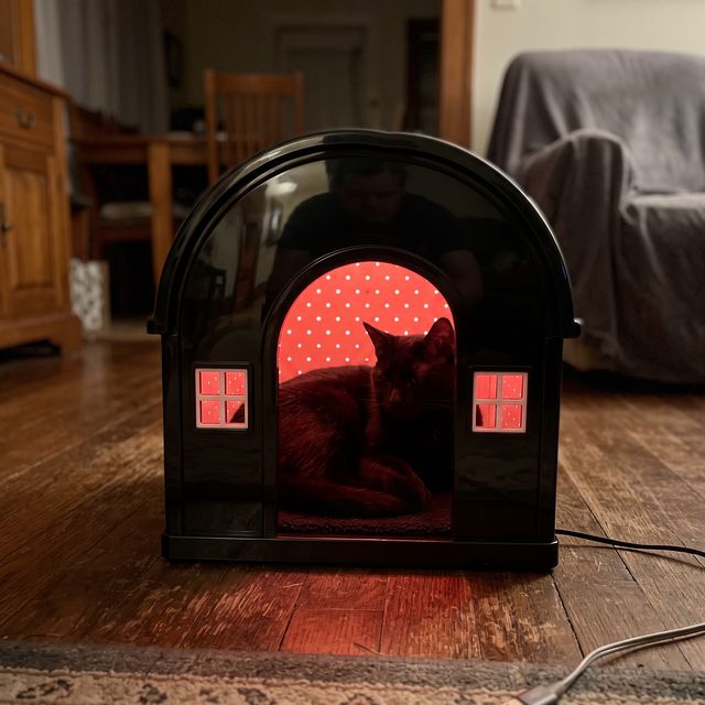 A cat resting in the glowing iMeow Cat House at home
