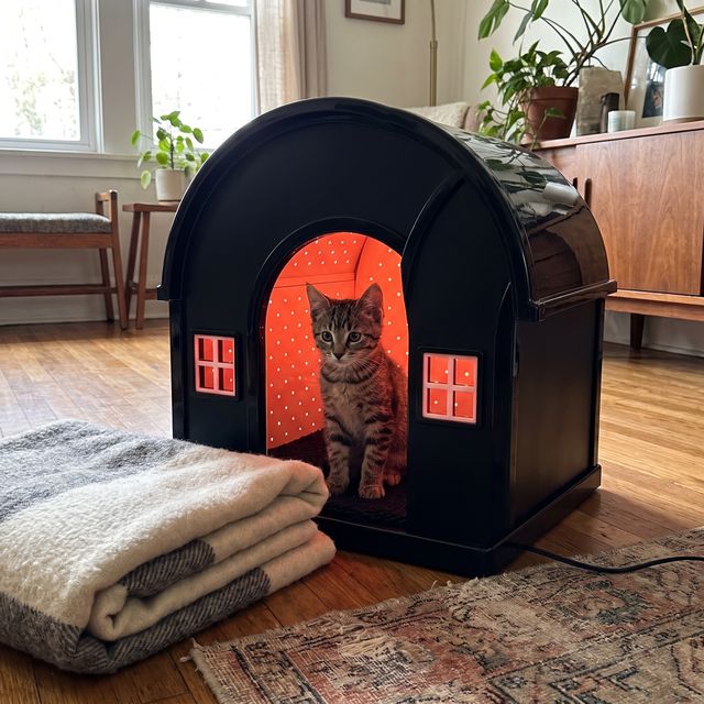 A cat resting in the glowing iMeow Cat House at home