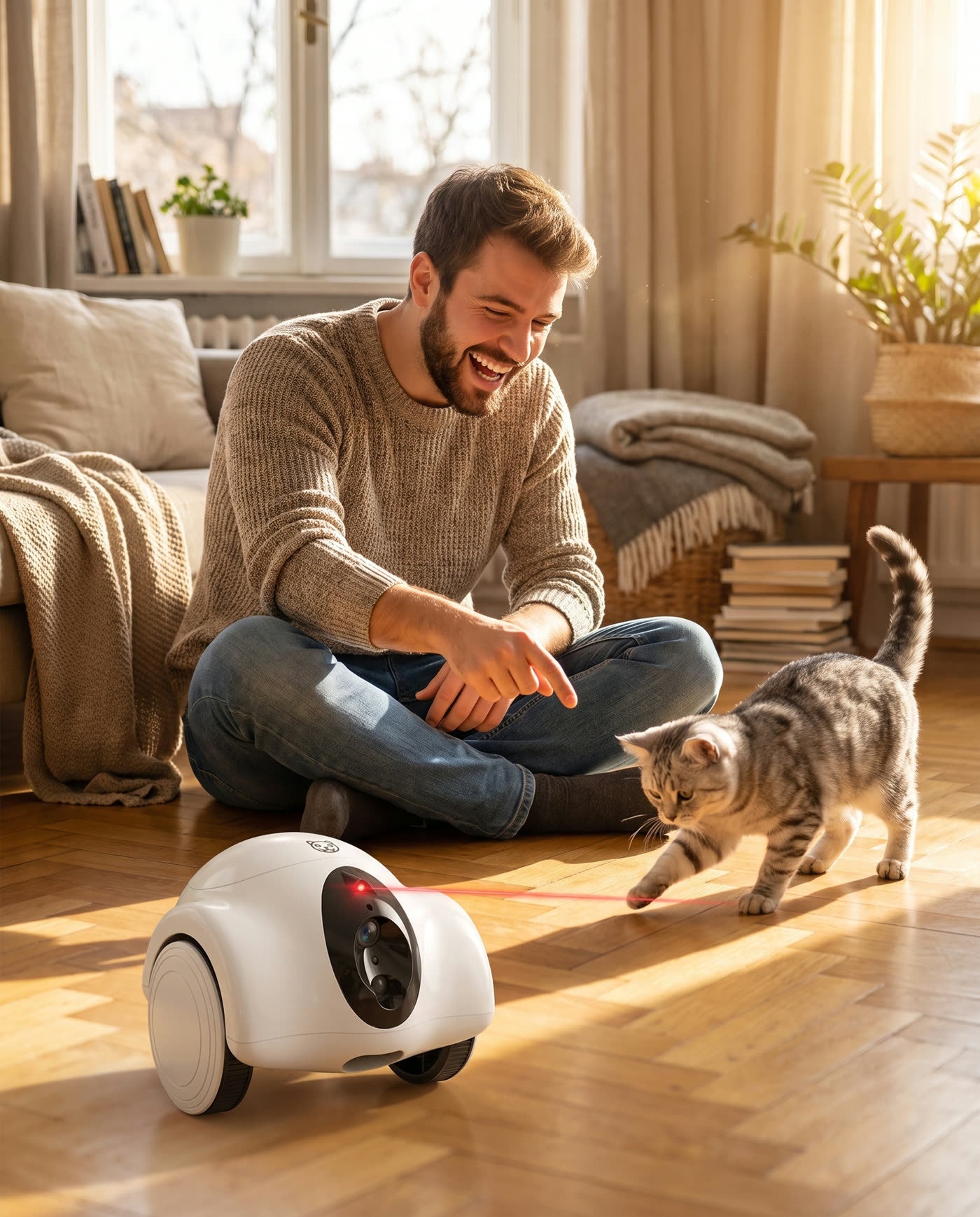 A man playing with his cat using the iMeow Companion