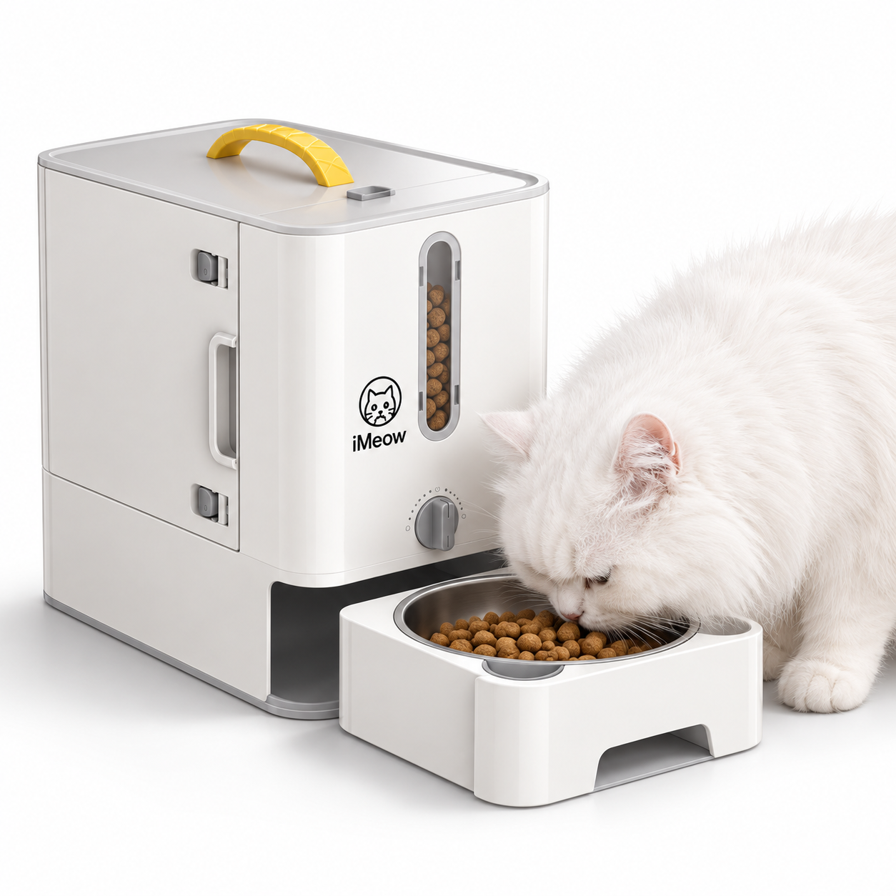 A cat eating from the feeder bowl