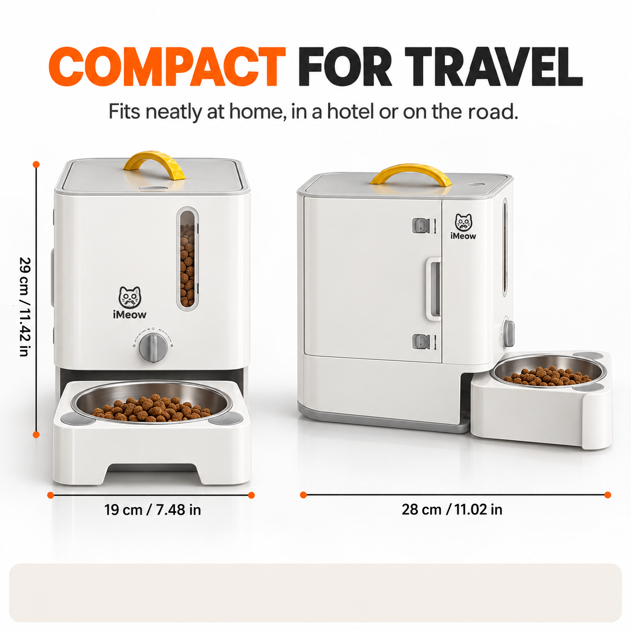 Compact for travel — 29 by 19 by 28 cm, fits home, hotel or the road
