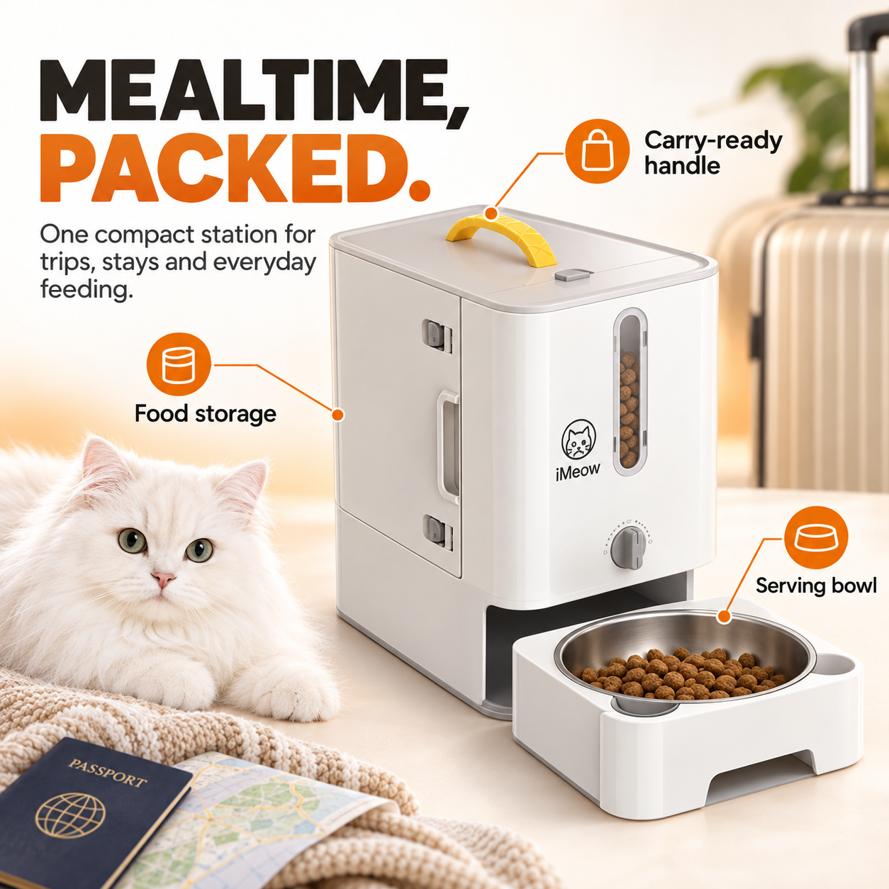Mealtime, packed — carry-ready handle, food storage and serving bowl in one station