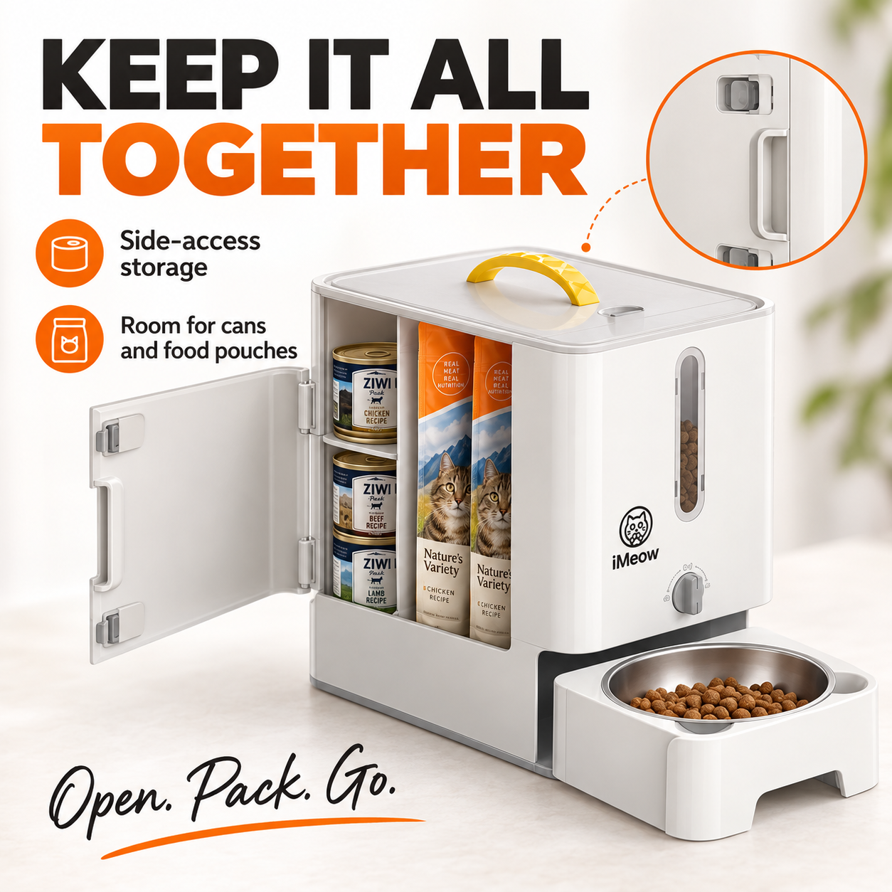 Keep it all together — side-access storage with room for cans and food pouches