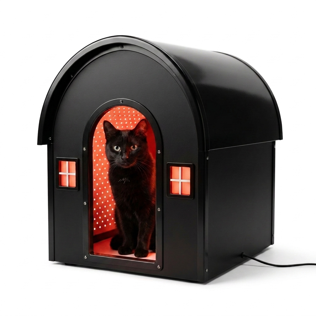 A black cat in the red-lit doorway of the iMeow Cat House
