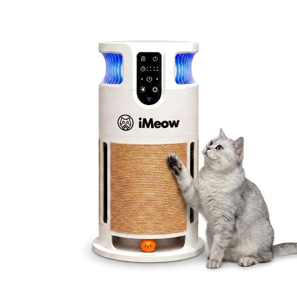A silver British shorthair pawing the sisal band of the iMeow Tower