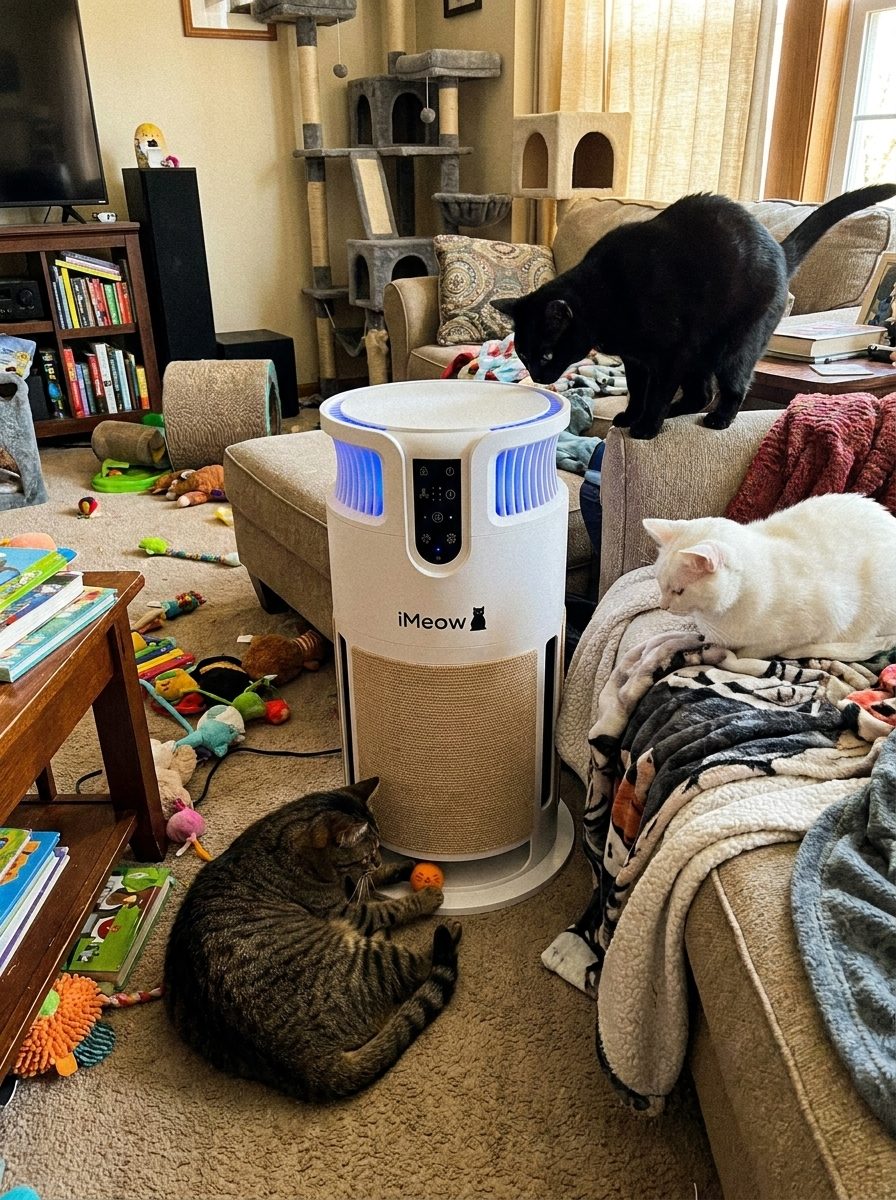 Cats around an iMeow tower in a sunlit living room