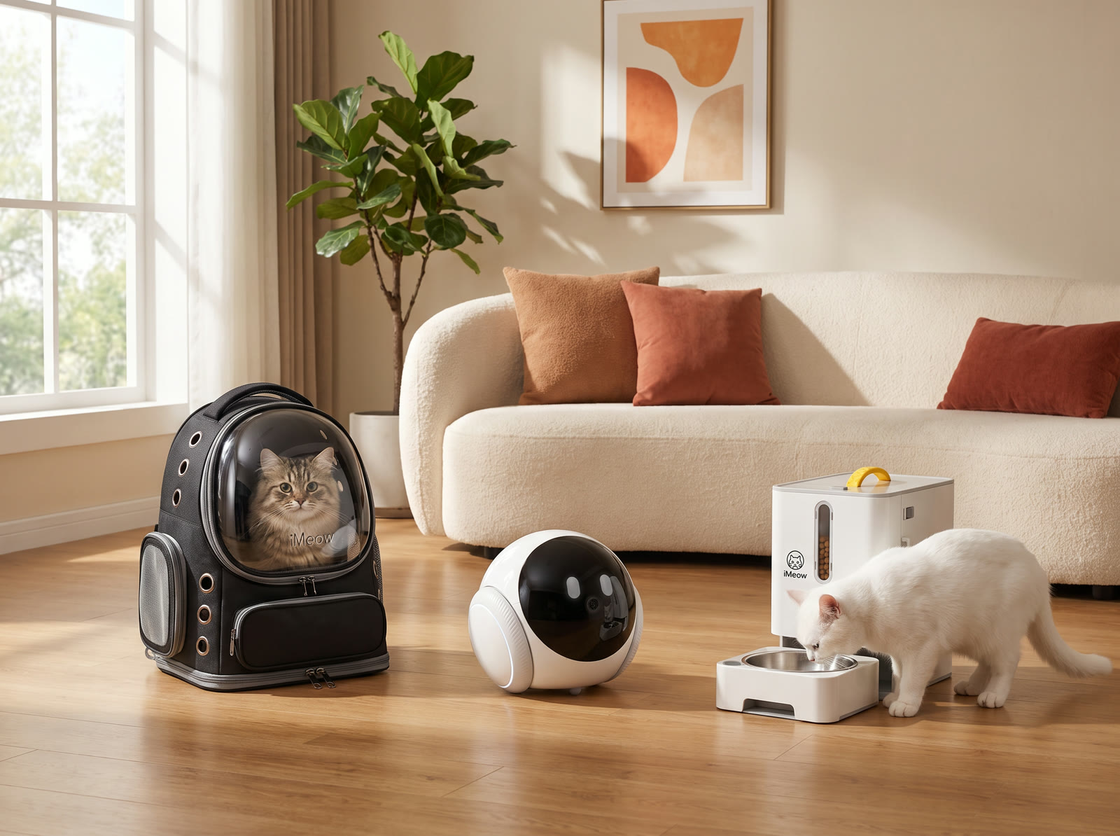 The iMeow cat family — the Companion 2.0, Travel Backpack and Travel Feeder — with cats in a warm modern living room