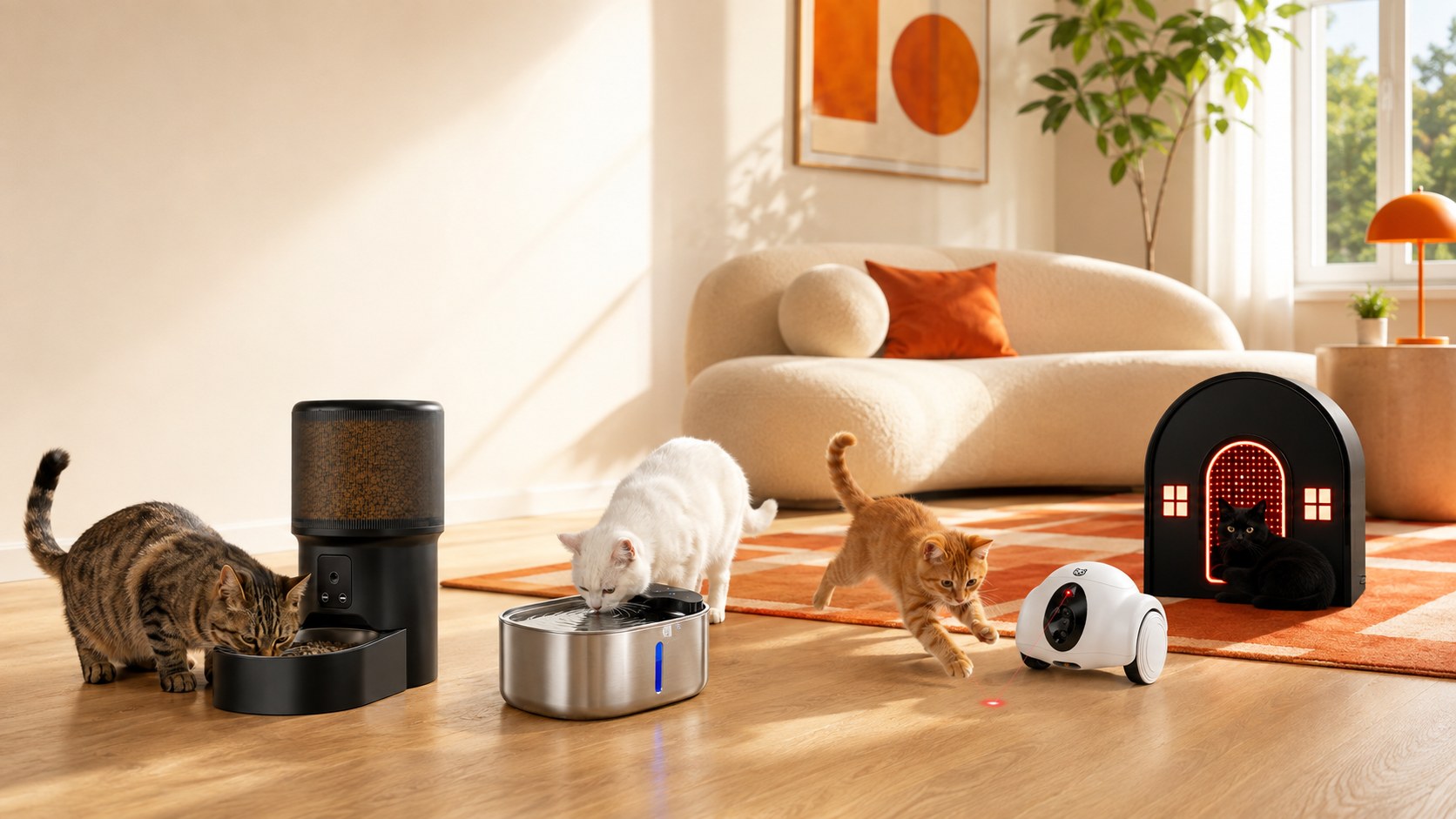 The iMeow cat family — the Intelligent Feeder, Water Fountain, Companion and Cat House, with cats playing in a warm modern living room