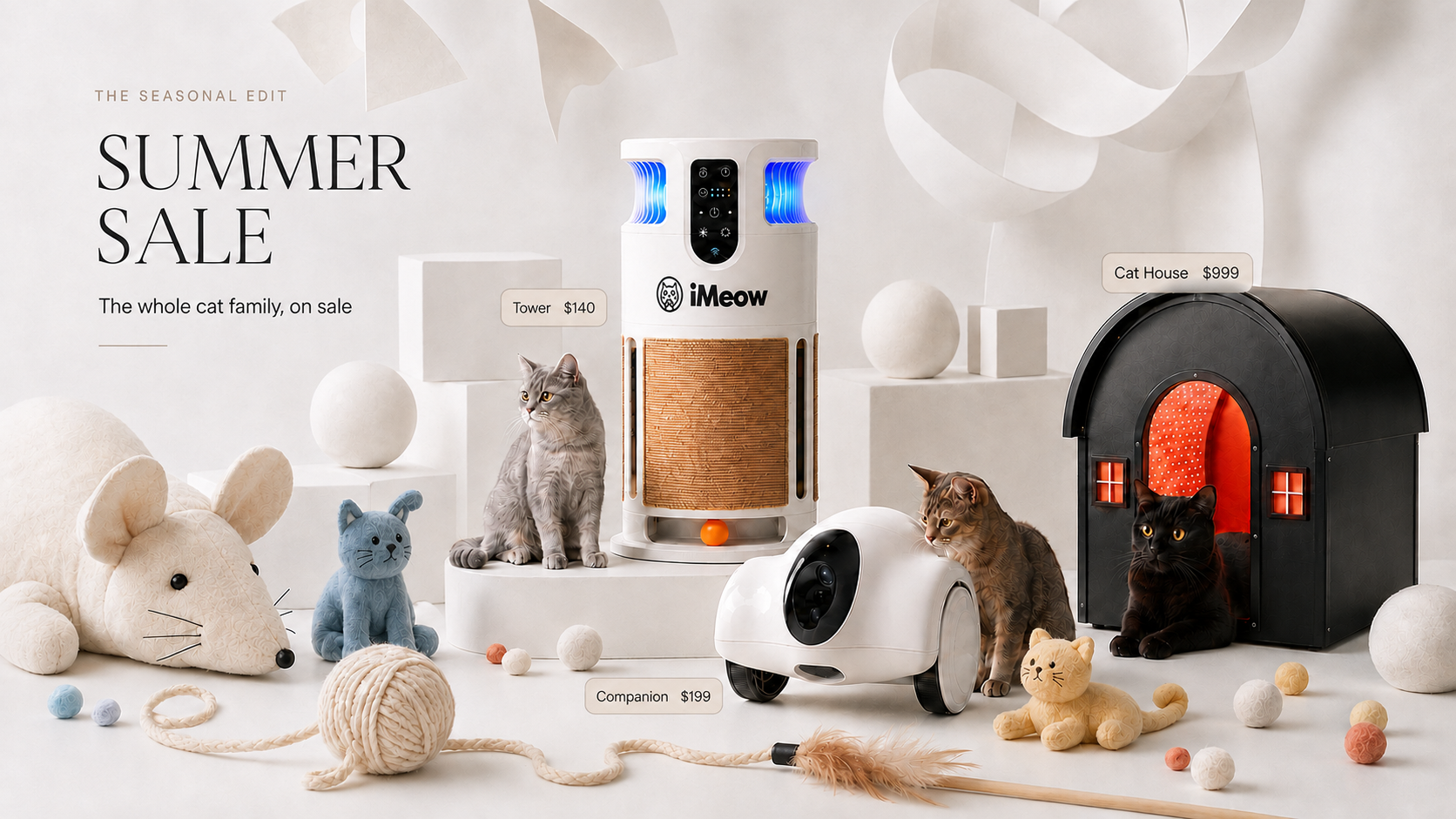 The iMeow summer sale: the Tower, the Companion and the Cat House with three cats in a paper-white studio set