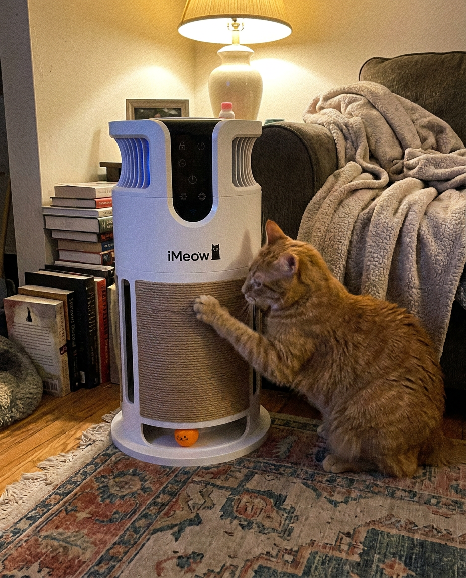 A real customer's cat with their iMeow product at home