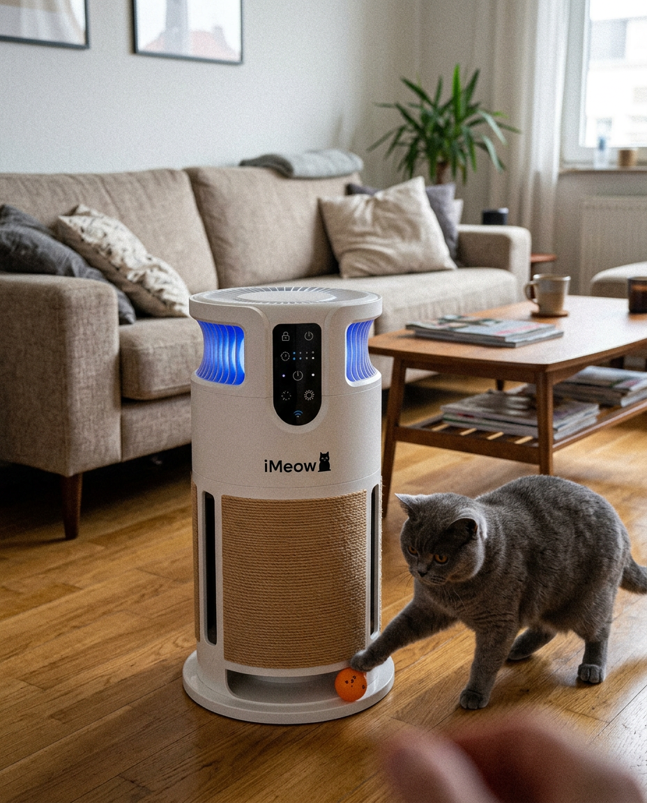 A real customer's cat with their iMeow product at home