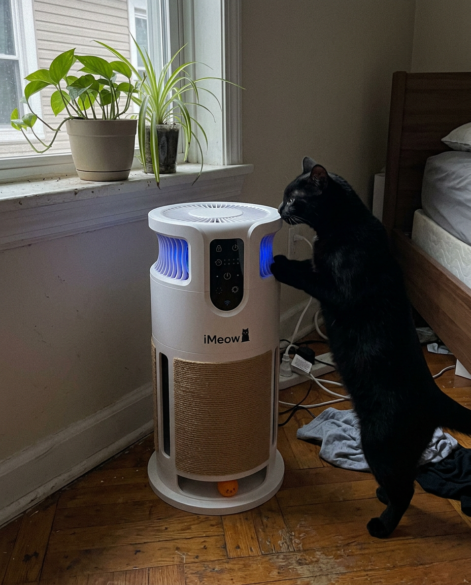 A real customer's cat with their iMeow product at home