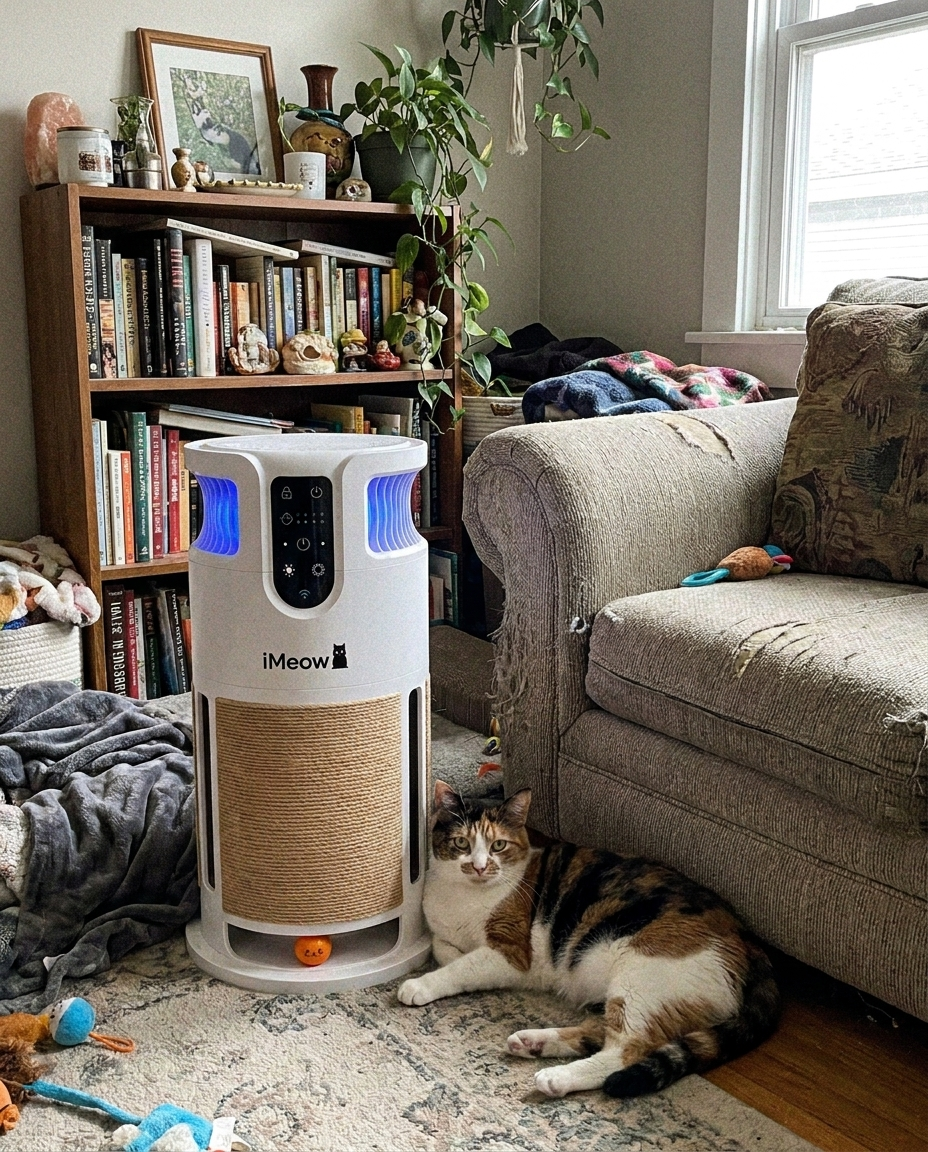 A real customer's cat with their iMeow product at home