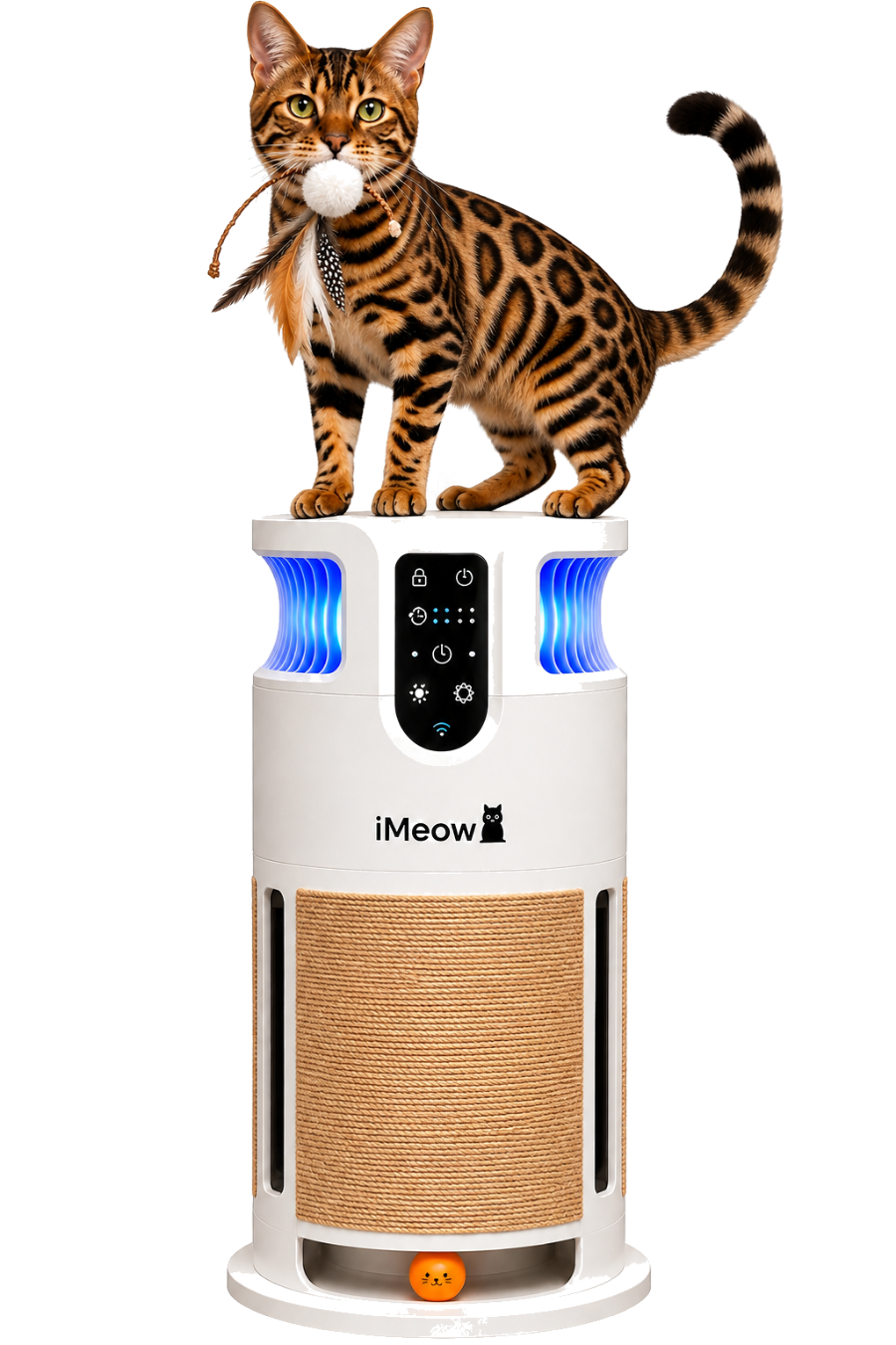 A bengal cat on the iMeow tower with the pom-pom toy