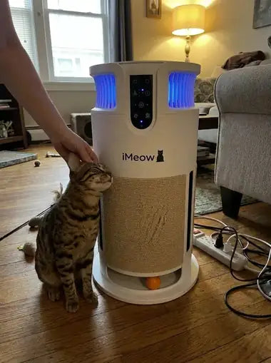 An owner petting a tabby rubbing the tower base