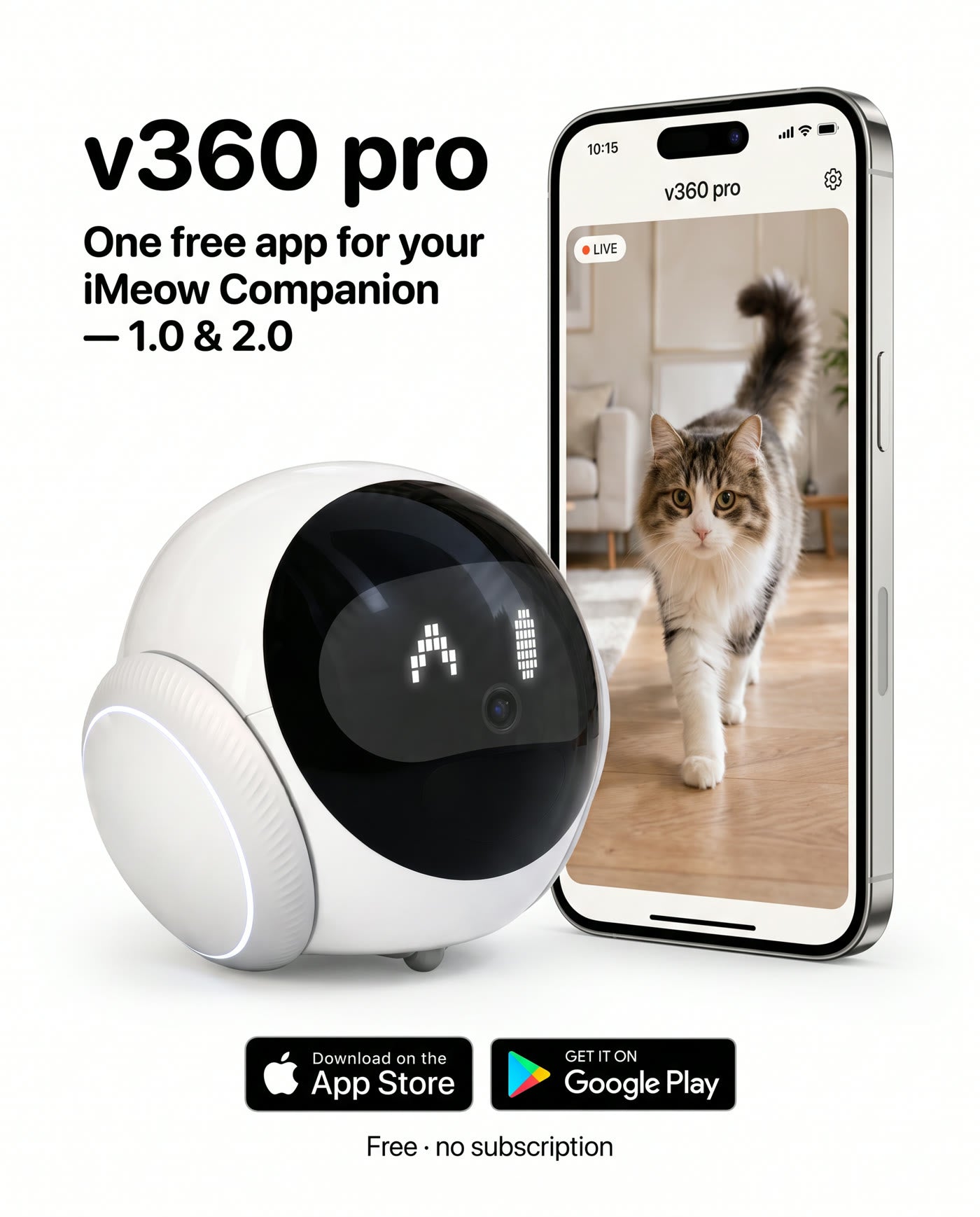 v360 pro — the free app for iMeow Companion 1.0 and 2.0, on the App Store and Google Play