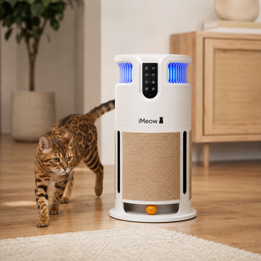 A Bengal cat walking up to the iMeow air purifier